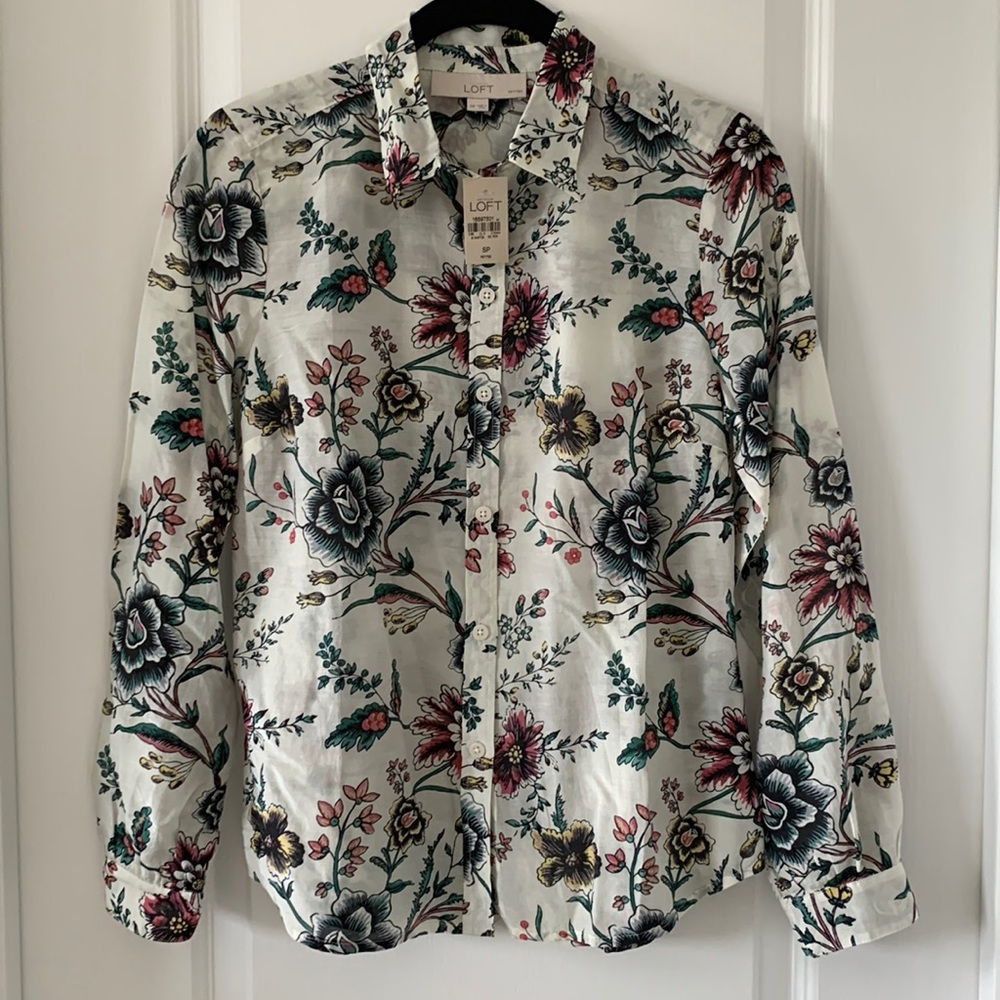 NWT LOFT Floral Print Collared Button-Front Long Sleeves Blouse Size SP
